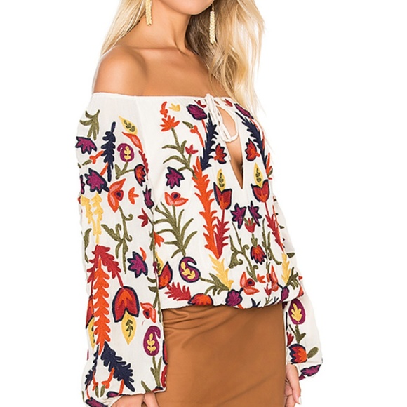 Off-Shoulder Embroidery Long Sleeve Peasant Top - Picture 4 of 7